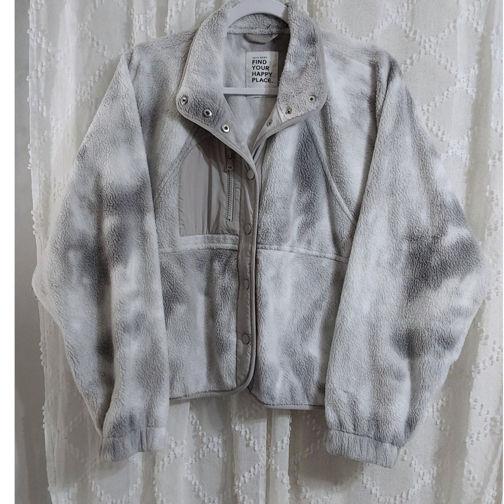 Gilly Hicks Grey White Tie Dye Cropped Sherpa Fleece Snap Front Jacket Small